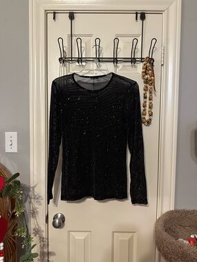 Black Long-Sleeve Sparkle Mesh Top